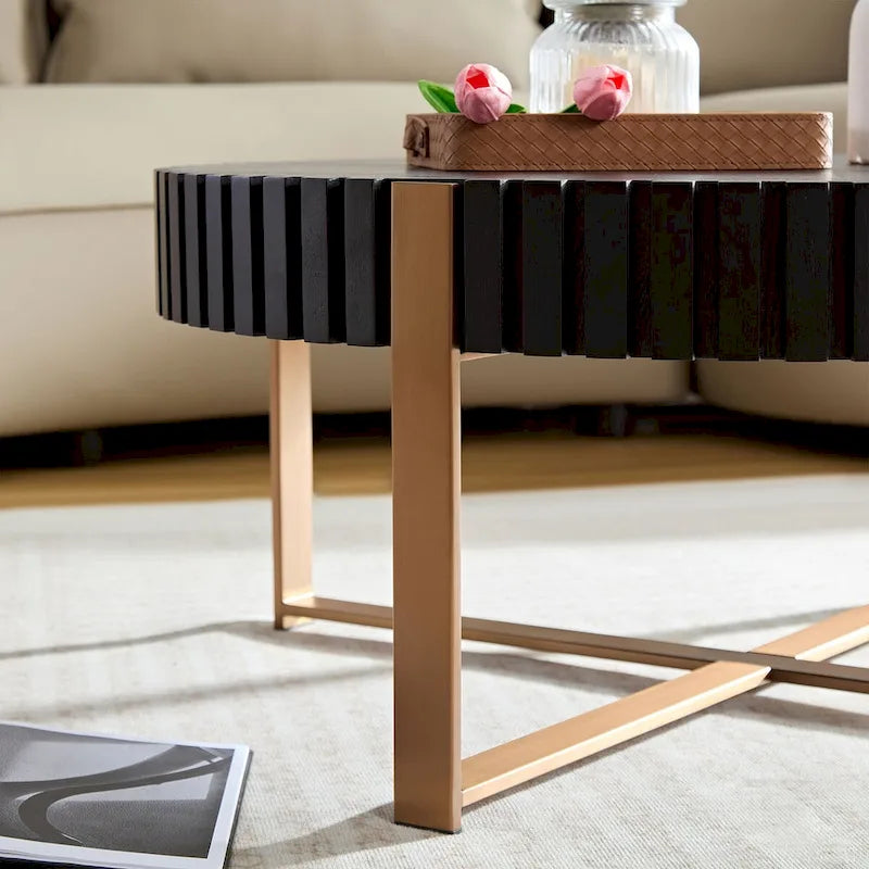Table Basse Ronde Noyer / Frêne Naturel / Noir avec Surface en Relief Bois et Piétement Socle en Acier Inoxydable