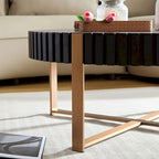 Table Basse Ronde Noyer / Frêne Naturel / Noir avec Surface en Relief Bois et Piétement Socle en Acier Inoxydable