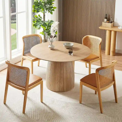 Table à manger ronde en MDF noir/noyer/chêne avec piètement en T – Style moderne du milieu du siècle – Pour 2 à 4 personnes