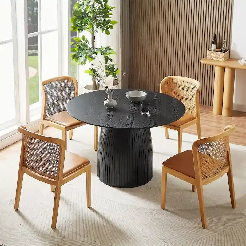 Table à manger ronde en MDF noir/noyer/chêne avec piètement en T – Style moderne du milieu du siècle – Pour 2 à 4 personnes