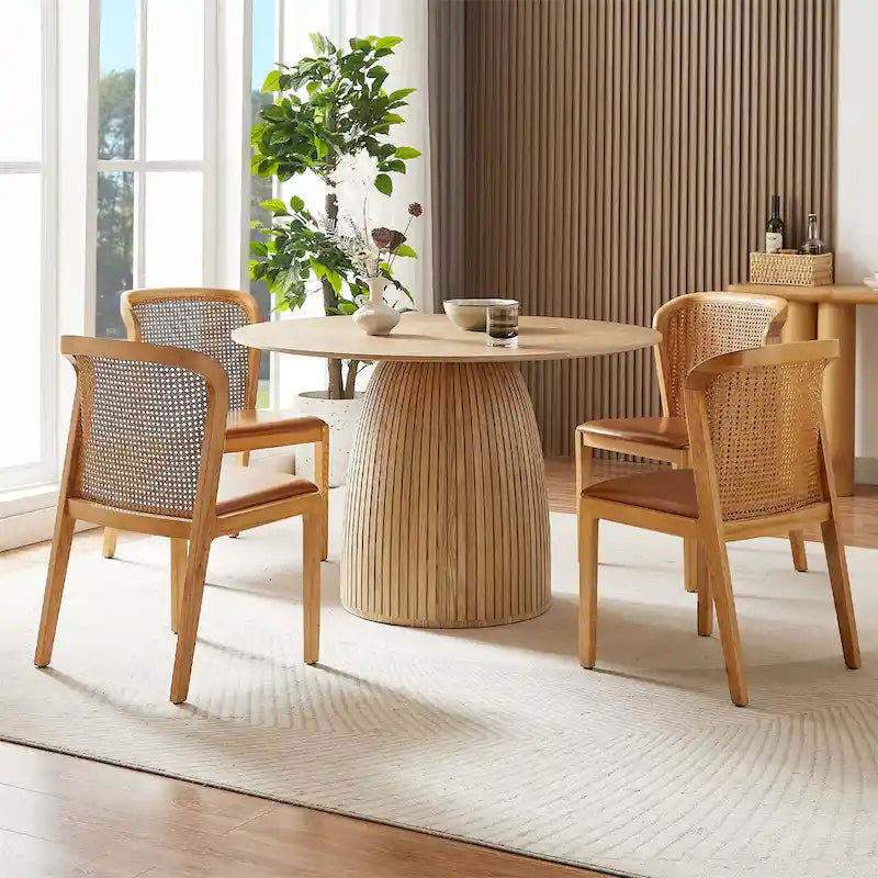 Table à manger ronde en MDF noir/noyer/chêne avec piètement en T – Style moderne du milieu du siècle – Pour 2 à 4 personnes