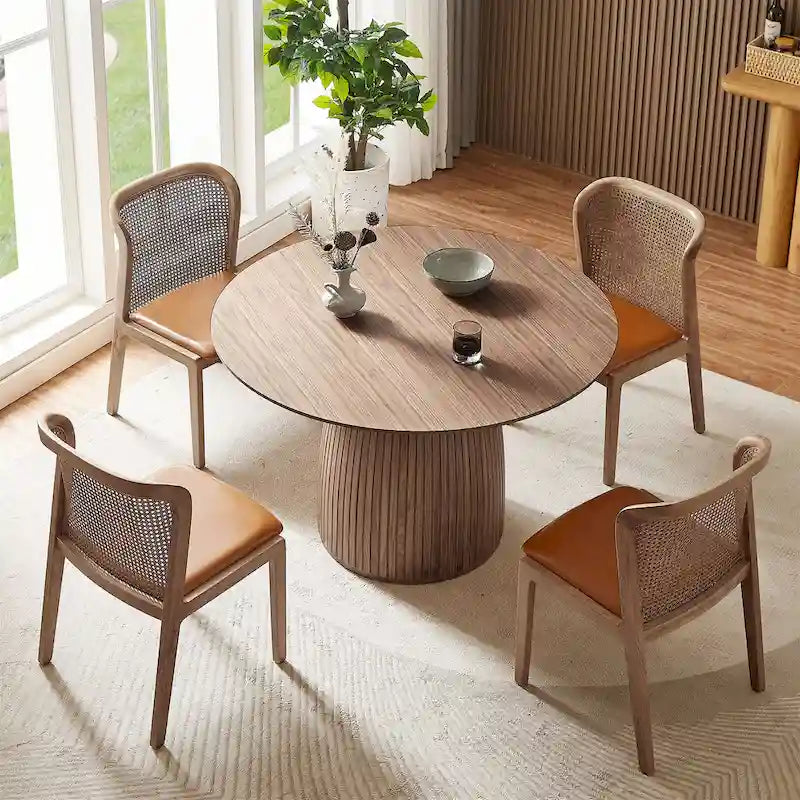 Table à manger ronde en MDF noir/noyer/chêne avec piètement en T – Style moderne du milieu du siècle – Pour 2 à 4 personnes