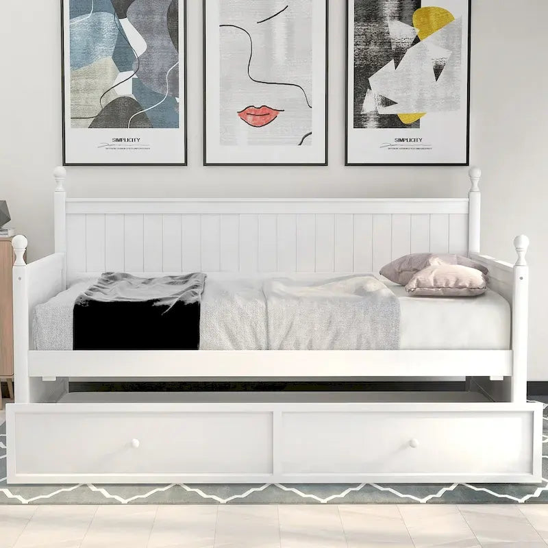 Lit de repos double en pin blanc avec tiroir-lit, panneaux à lattes et montants tournés – 1 personne