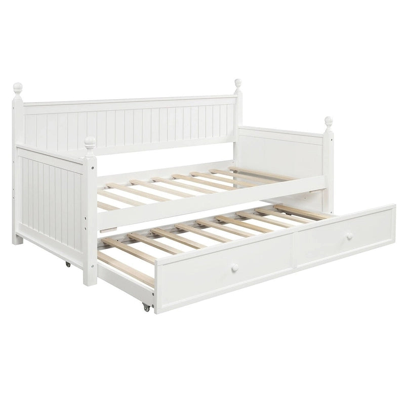 Lit de repos double en pin blanc avec tiroir-lit, panneaux à lattes et montants tournés – 1 personne