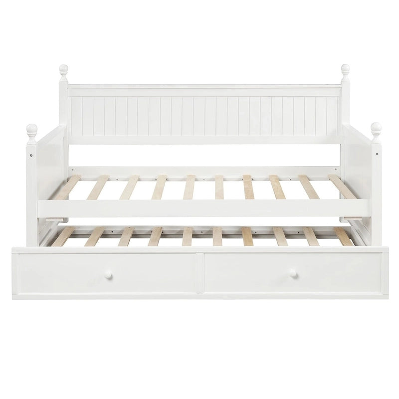 Lit de repos double en pin blanc avec tiroir-lit, panneaux à lattes et montants tournés – 1 personne