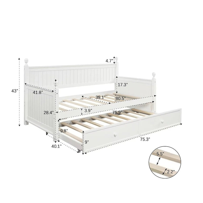 Lit de repos double en pin blanc avec tiroir-lit, panneaux à lattes et montants tournés – 1 personne