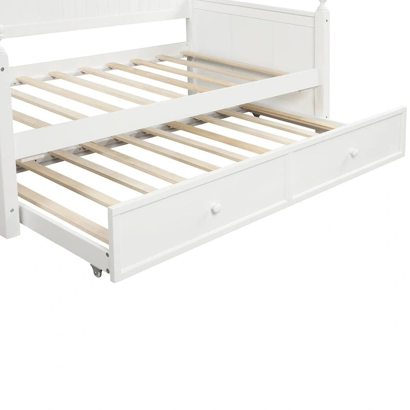 Lit de repos double en pin blanc avec tiroir-lit, panneaux à lattes et montants tournés – 1 personne