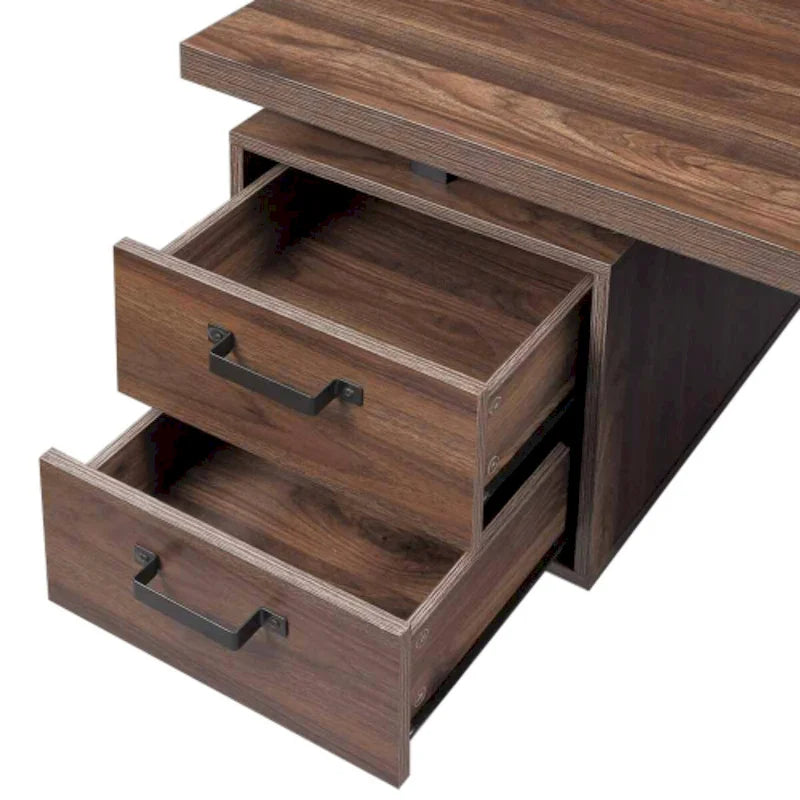 Bureau informatique en MDF finition noyer brun avec pieds en métal en U, 1 tiroir classeur et 2 tiroirs de rangement – 1 personne
