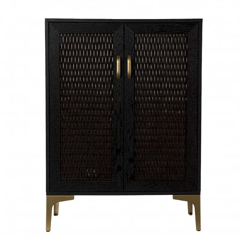 Meuble de bar noir et doré en similicuir tressé avec portes tressées doubles, casiers à vin et porte-verres