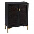 Meuble de bar noir et doré en similicuir tressé avec portes tressées doubles, casiers à vin et porte-verres