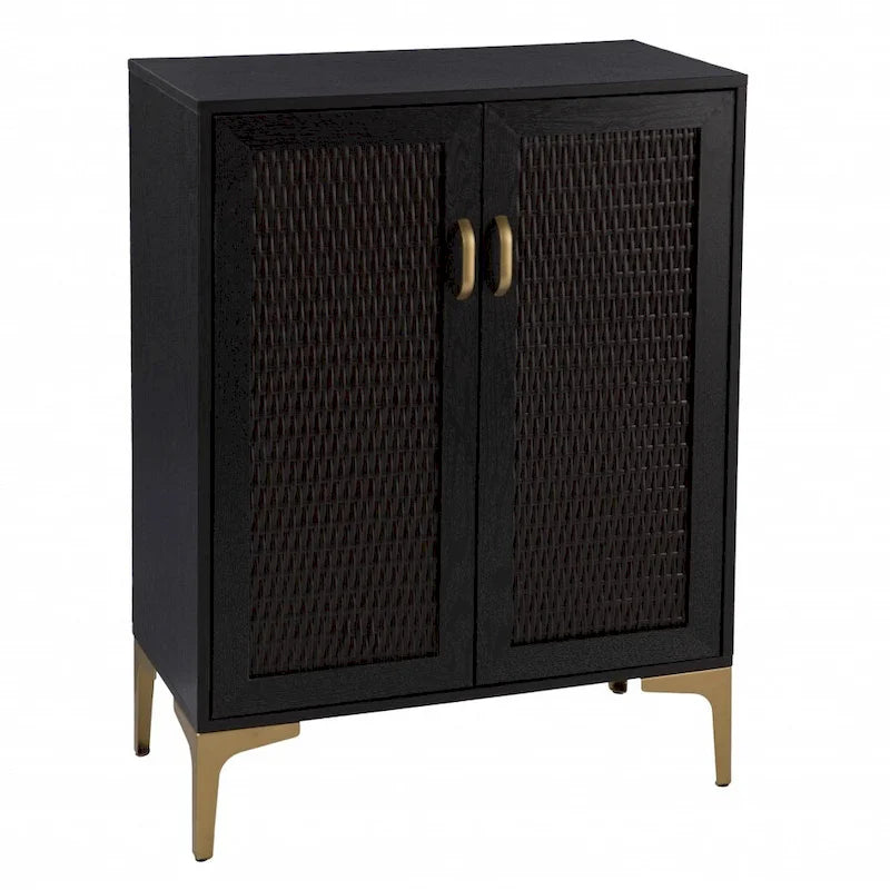 Meuble de bar noir et doré en similicuir tressé avec portes tressées doubles, casiers à vin et porte-verres