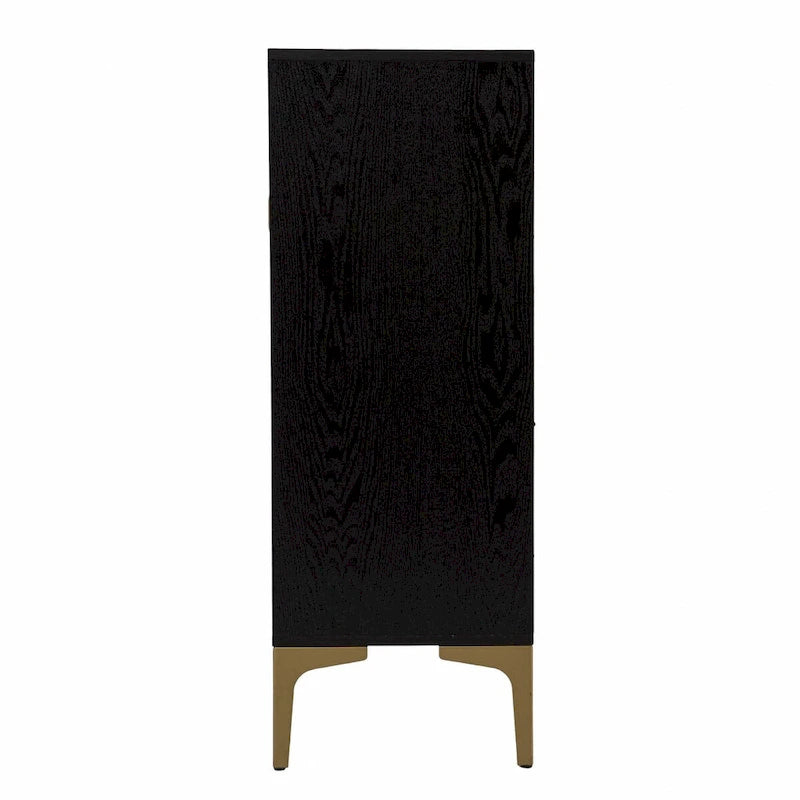 Meuble de bar noir et doré en similicuir tressé avec portes tressées doubles, casiers à vin et porte-verres