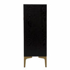 Meuble de bar noir et doré en similicuir tressé avec portes tressées doubles, casiers à vin et porte-verres