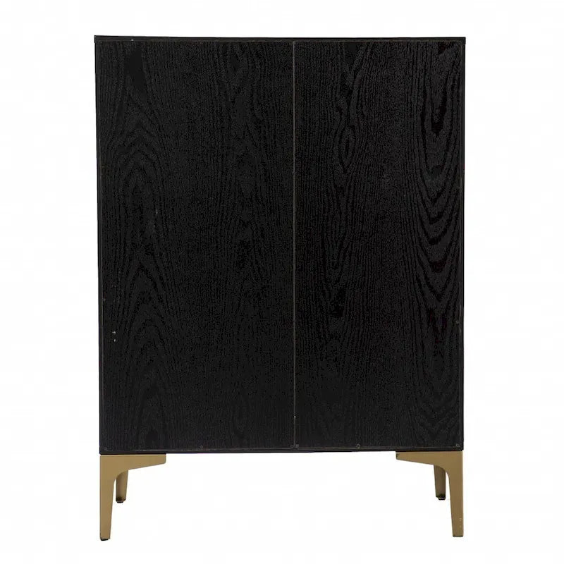 Meuble de bar noir et doré en similicuir tressé avec portes tressées doubles, casiers à vin et porte-verres