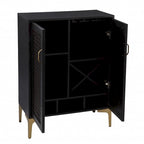 Meuble de bar noir et doré en similicuir tressé avec portes tressées doubles, casiers à vin et porte-verres