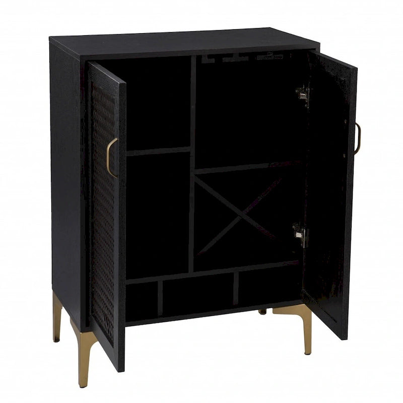 Meuble de bar noir et doré en similicuir tressé avec portes tressées doubles, casiers à vin et porte-verres