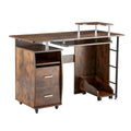 Bureau informatique en MDF en forme de L, finition bois de tigre, avec tiroir pour clavier, support pour unité centrale à roulettes, 2 tiroirs et étagères de rangement – 1 personne
