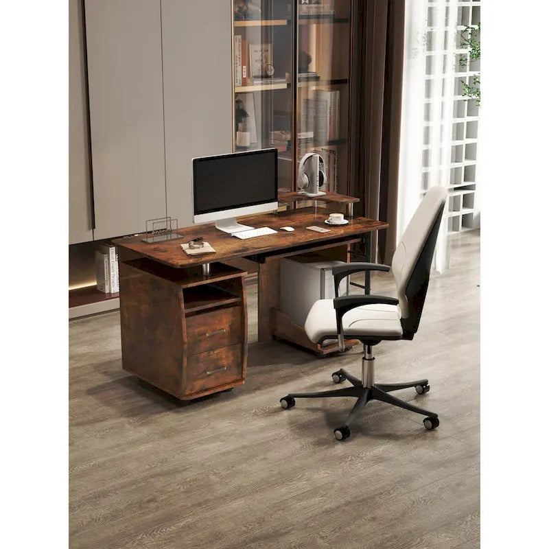 Bureau informatique en MDF en forme de L, finition bois de tigre, avec tiroir pour clavier, support pour unité centrale à roulettes, 2 tiroirs et étagères de rangement – 1 personne