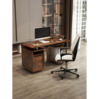 Bureau informatique en MDF en forme de L, finition bois de tigre, avec tiroir pour clavier, support pour unité centrale à roulettes, 2 tiroirs et étagères de rangement – 1 personne