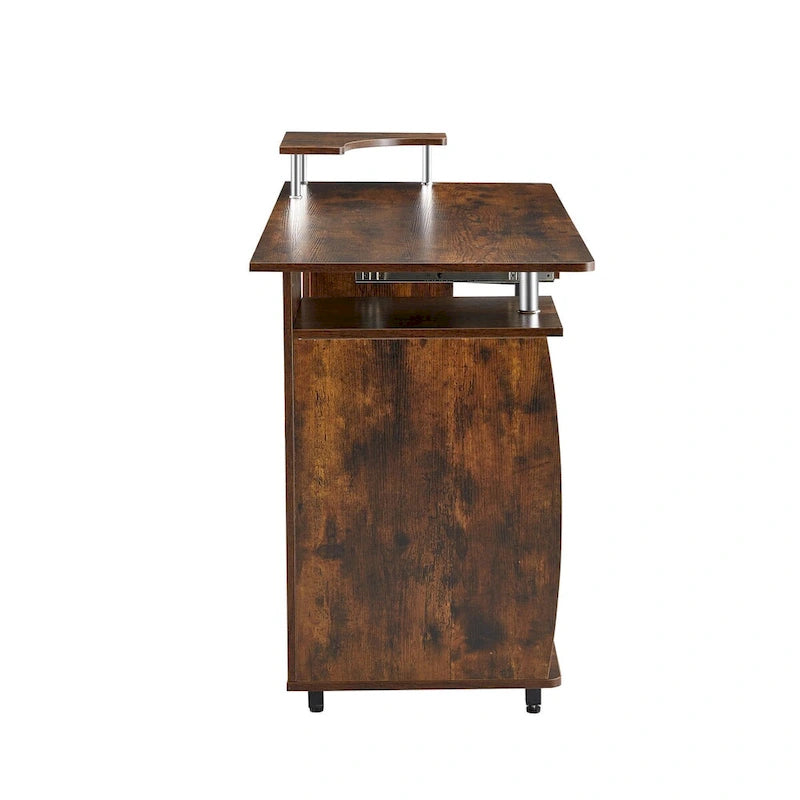 Bureau informatique en MDF en forme de L, finition bois de tigre, avec tiroir pour clavier, support pour unité centrale à roulettes, 2 tiroirs et étagères de rangement – 1 personne