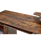 Bureau informatique en MDF en forme de L, finition bois de tigre, avec tiroir pour clavier, support pour unité centrale à roulettes, 2 tiroirs et étagères de rangement – 1 personne