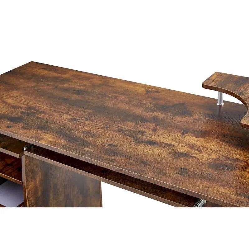Bureau informatique en MDF en forme de L, finition bois de tigre, avec tiroir pour clavier, support pour unité centrale à roulettes, 2 tiroirs et étagères de rangement – 1 personne