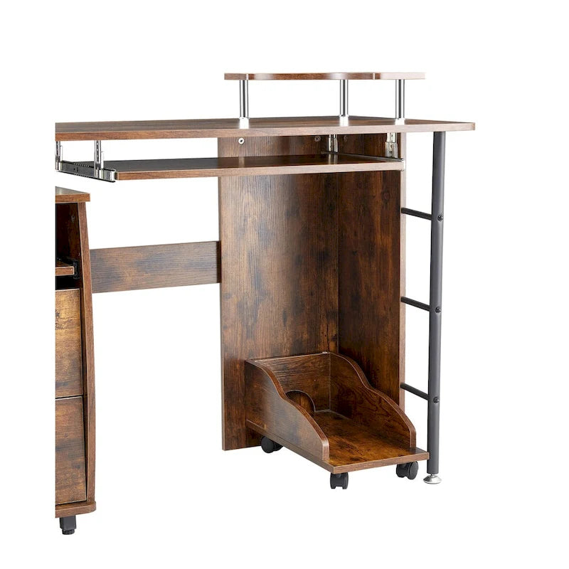 Bureau informatique en MDF en forme de L, finition bois de tigre, avec tiroir pour clavier, support pour unité centrale à roulettes, 2 tiroirs et étagères de rangement – 1 personne