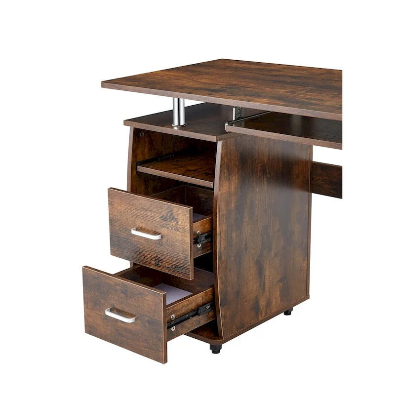 Bureau informatique en MDF en forme de L, finition bois de tigre, avec tiroir pour clavier, support pour unité centrale à roulettes, 2 tiroirs et étagères de rangement – 1 personne