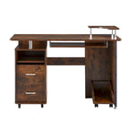 Bureau informatique en MDF en forme de L, finition bois de tigre, avec tiroir pour clavier, support pour unité centrale à roulettes, 2 tiroirs et étagères de rangement – 1 personne