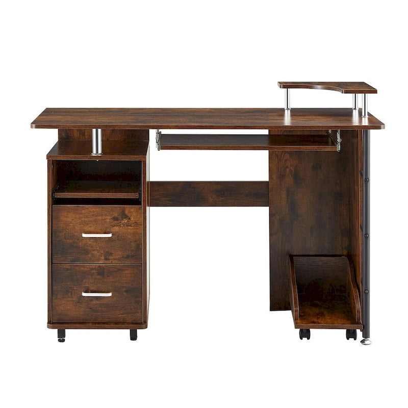 Bureau informatique en MDF en forme de L, finition bois de tigre, avec tiroir pour clavier, support pour unité centrale à roulettes, 2 tiroirs et étagères de rangement – 1 personne