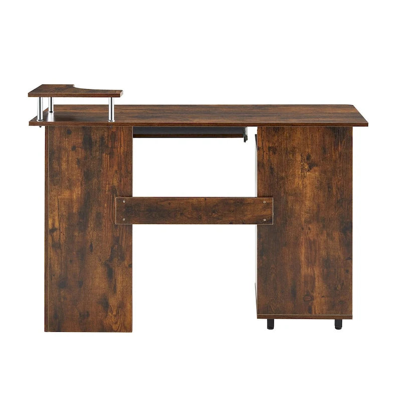 Bureau informatique en MDF en forme de L, finition bois de tigre, avec tiroir pour clavier, support pour unité centrale à roulettes, 2 tiroirs et étagères de rangement – 1 personne