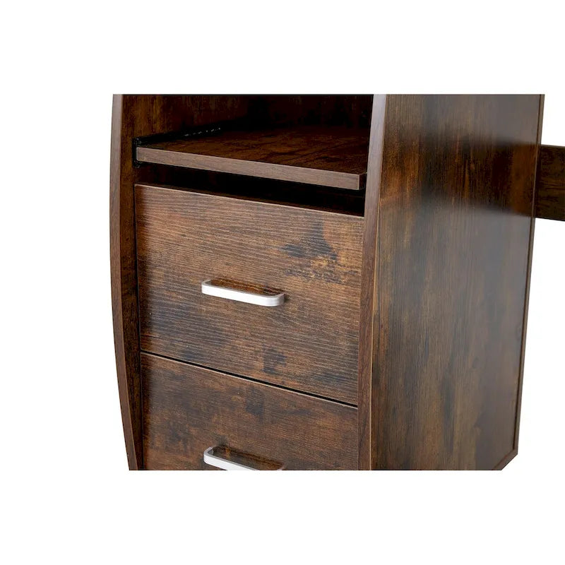 Bureau informatique en MDF en forme de L, finition bois de tigre, avec tiroir pour clavier, support pour unité centrale à roulettes, 2 tiroirs et étagères de rangement – 1 personne