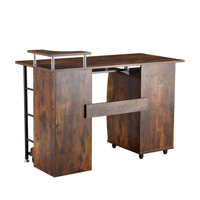 Bureau informatique en MDF en forme de L, finition bois de tigre, avec tiroir pour clavier, support pour unité centrale à roulettes, 2 tiroirs et étagères de rangement – 1 personne