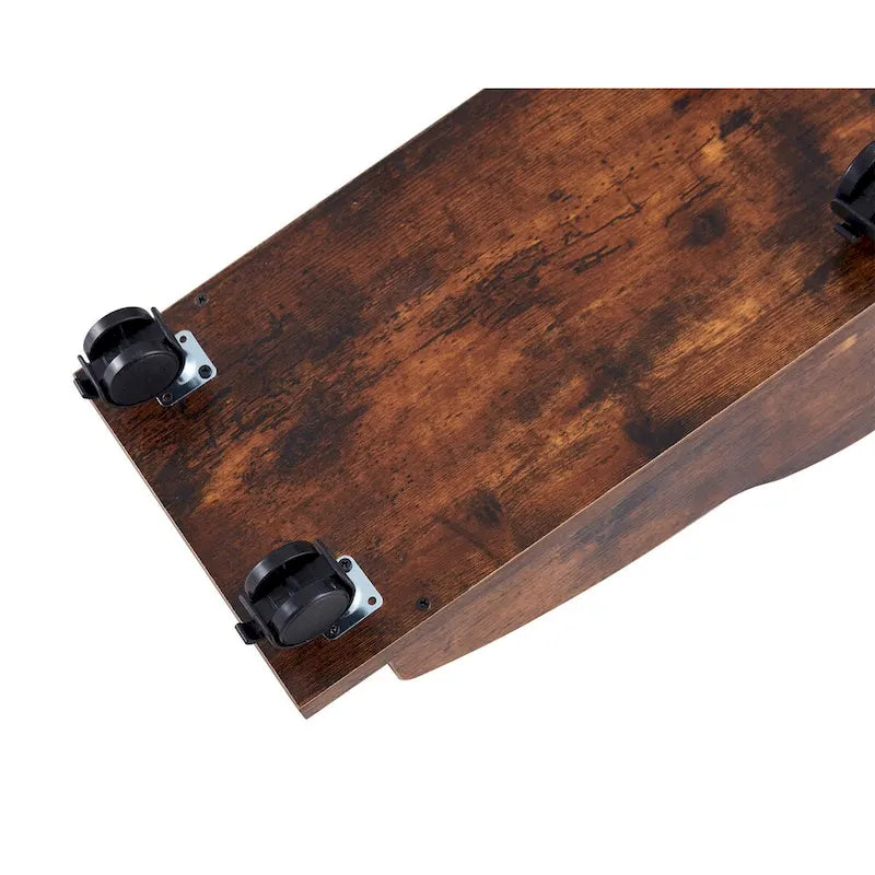 Bureau informatique en MDF en forme de L, finition bois de tigre, avec tiroir pour clavier, support pour unité centrale à roulettes, 2 tiroirs et étagères de rangement – 1 personne