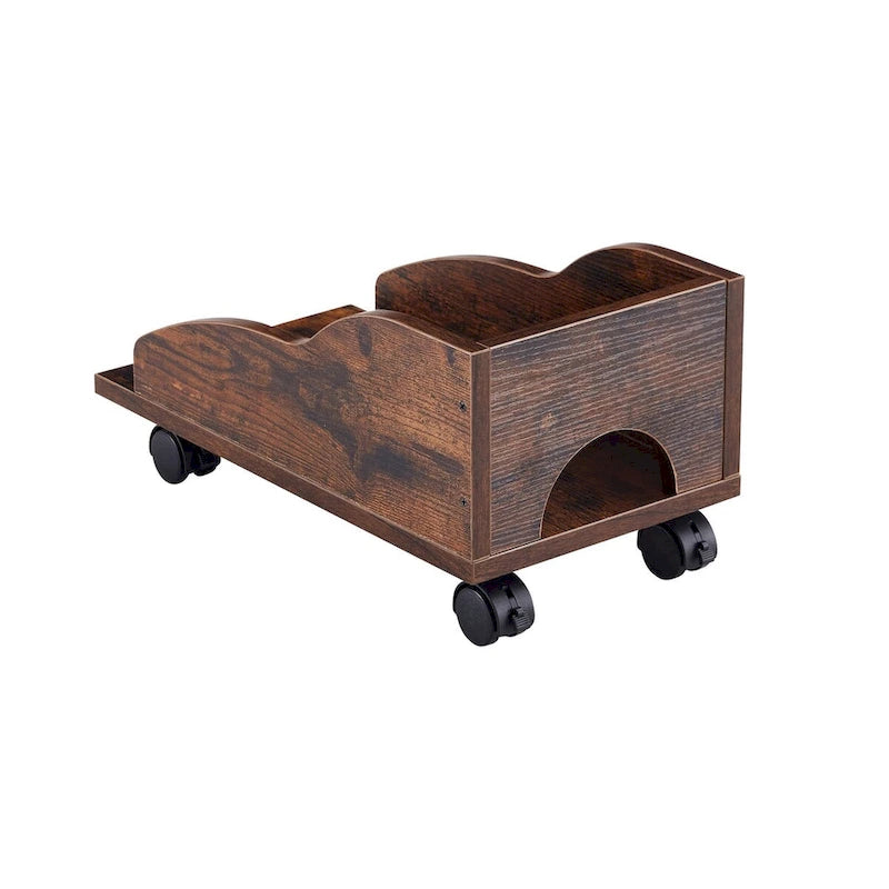 Bureau informatique en MDF en forme de L, finition bois de tigre, avec tiroir pour clavier, support pour unité centrale à roulettes, 2 tiroirs et étagères de rangement – 1 personne