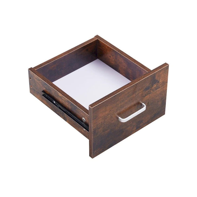 Bureau informatique en MDF en forme de L, finition bois de tigre, avec tiroir pour clavier, support pour unité centrale à roulettes, 2 tiroirs et étagères de rangement – 1 personne