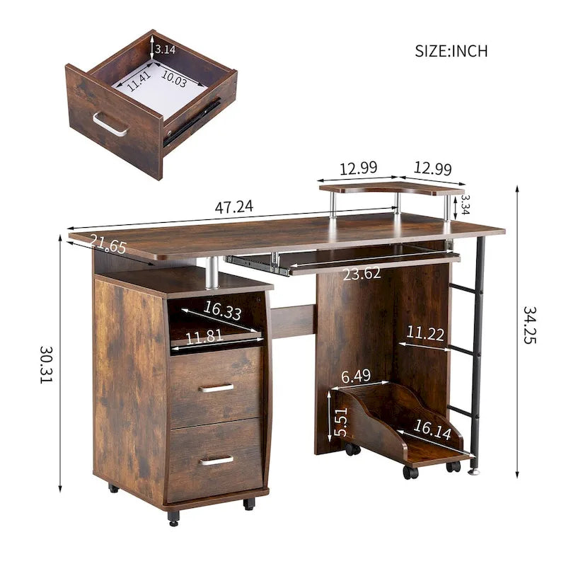 Bureau informatique en MDF en forme de L, finition bois de tigre, avec tiroir pour clavier, support pour unité centrale à roulettes, 2 tiroirs et étagères de rangement – 1 personne