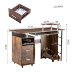 Bureau informatique en MDF en forme de L, finition bois de tigre, avec tiroir pour clavier, support pour unité centrale à roulettes, 2 tiroirs et étagères de rangement – 1 personne