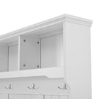 Porte-manteau d'entrée en MDF noir/blanc avec 4 crochets, 3 niches ouvertes, 2 placards et un banc rembourré