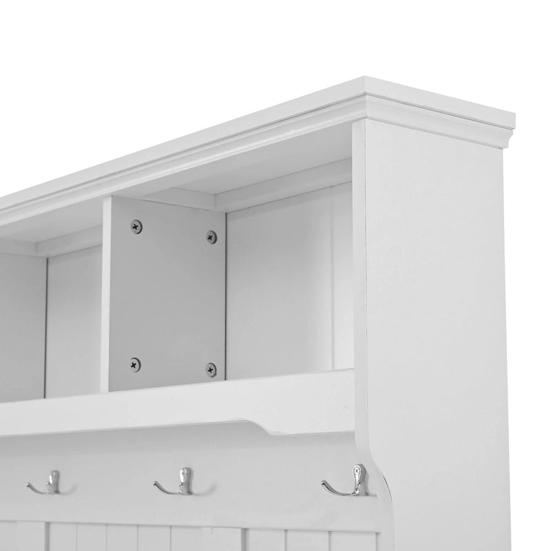 Porte-manteau d'entrée en MDF noir/blanc avec 4 crochets, 3 niches ouvertes, 2 placards et un banc rembourré