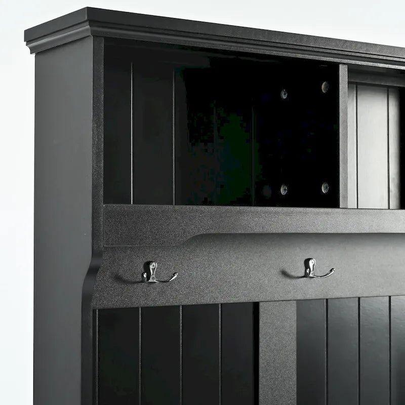 Porte-manteau d'entrée en MDF noir/blanc avec 4 crochets, 3 niches ouvertes, 2 placards et un banc rembourré