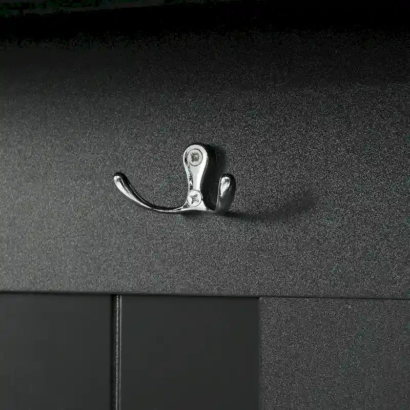 Porte-manteau d'entrée en MDF noir/blanc avec 4 crochets, 3 niches ouvertes, 2 placards et un banc rembourré