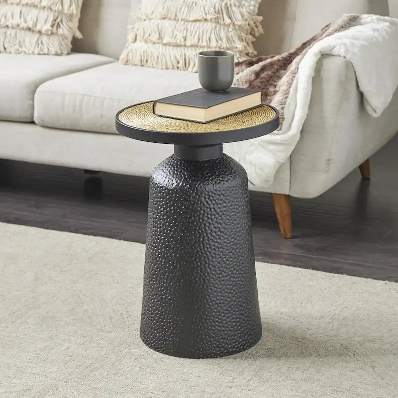 Table d'appoint ronde en métal faite main noire avec plateau en corde – Style bohème