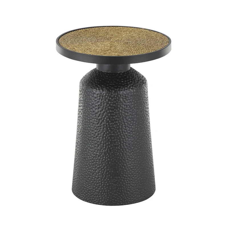 Table d'appoint ronde en métal faite main noire avec plateau en corde – Style bohème