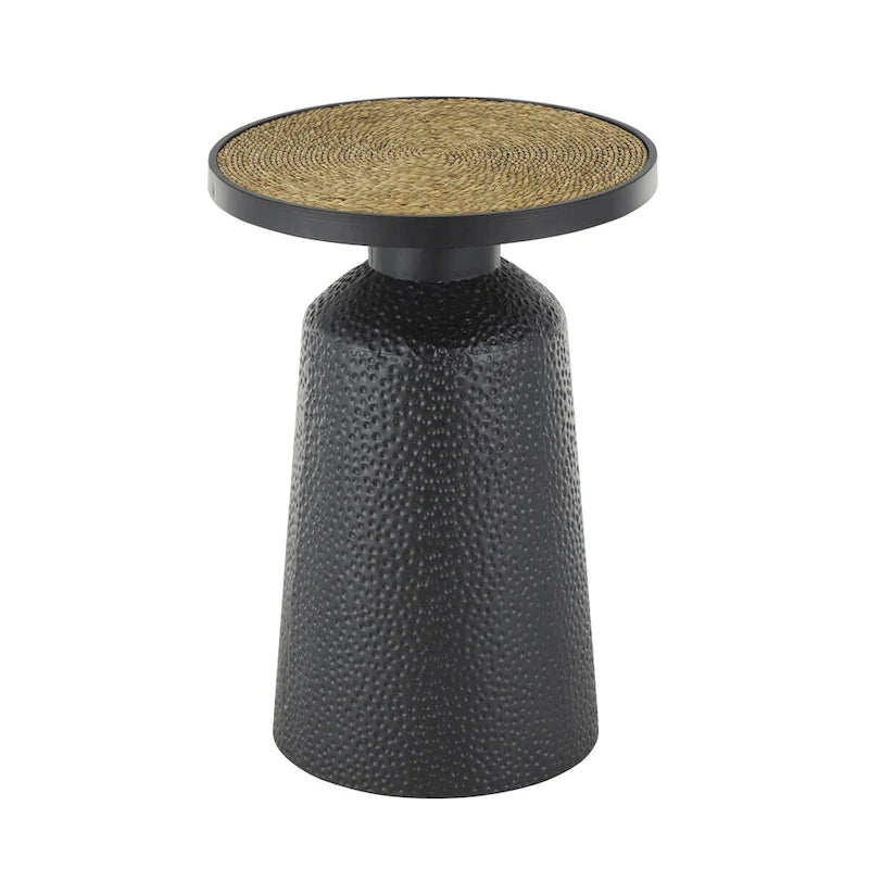 Table d'appoint ronde en métal faite main noire avec plateau en corde – Style bohème