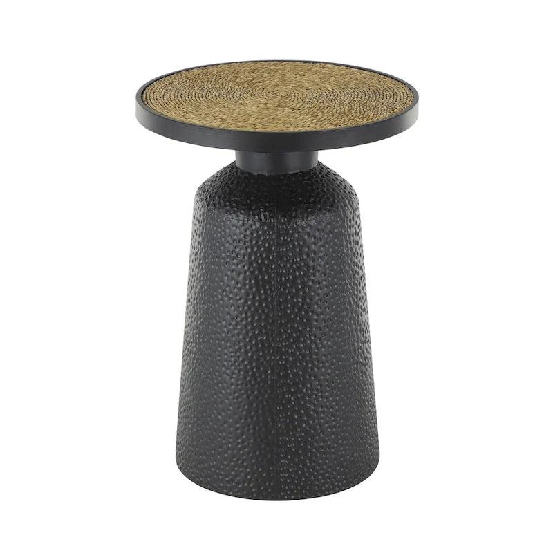 Table d'appoint ronde en métal faite main noire avec plateau en corde – Style bohème