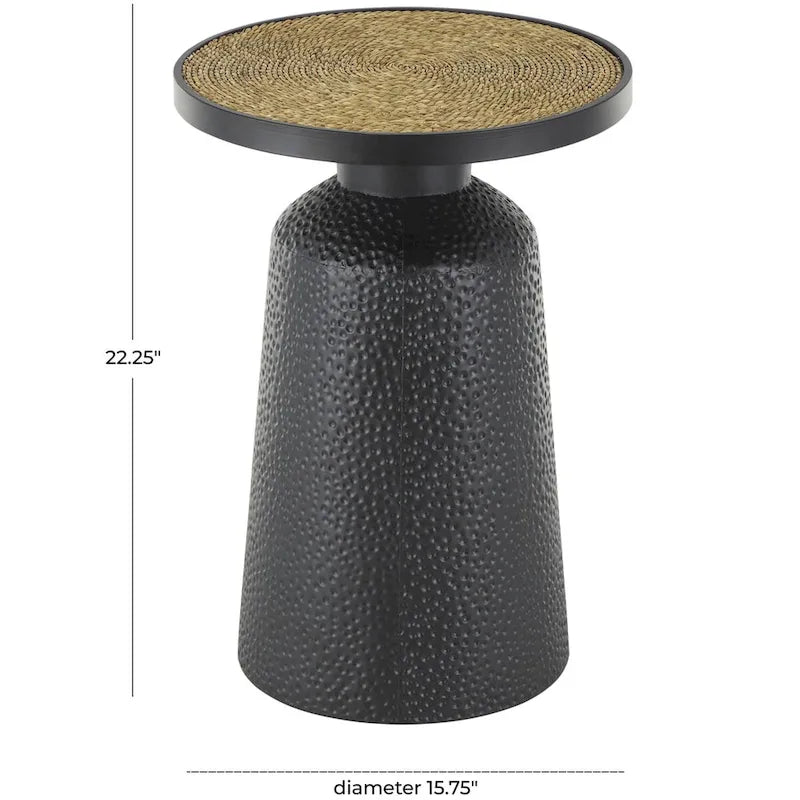 Table d'appoint ronde en métal faite main noire avec plateau en corde – Style bohème