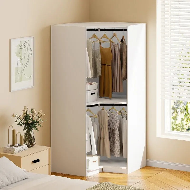 Armoire d'angle polygonale blanche/grise avec 2 étagères, tringle à vêtements et 2 tiroirs