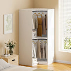 Armoire d'angle polygonale blanche/grise avec 2 étagères, tringle à vêtements et 2 tiroirs