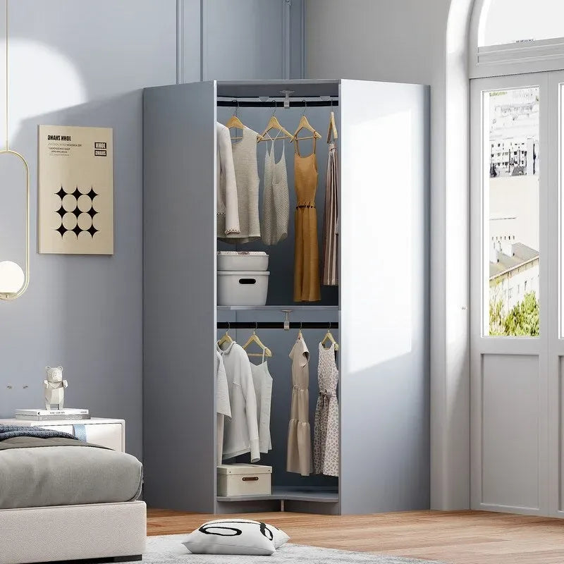 Armoire d'angle polygonale blanche/grise avec 2 étagères, tringle à vêtements et 2 tiroirs
